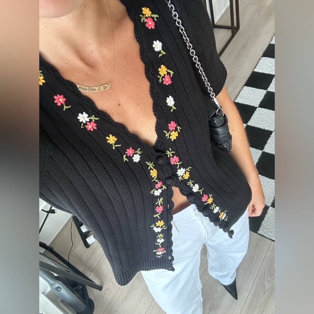 Sezane Iliana Sweater Cardigan Jumper Floral Scalloped Small